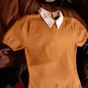 Dark yellow sweater dress with peter pan collar